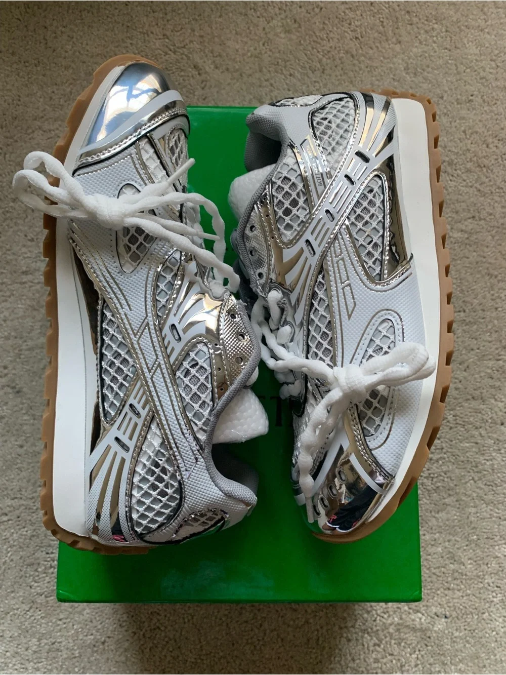 Bottega Veneta White & Silver Mesh Trail Sneakers